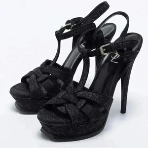 YSL Yves Saint Laurent Tribute platform Sandal in black shimmer‎